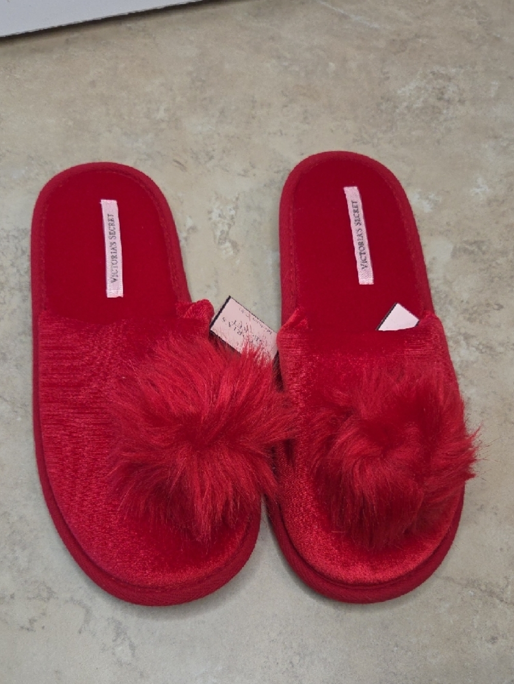 Victoria's Secret Bright Red Velvet Pom-Pom Slide Slippers